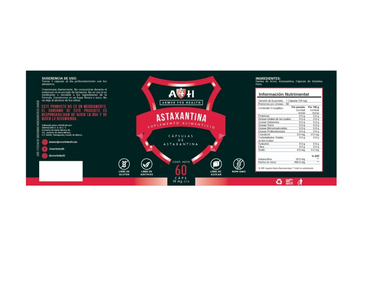 Suplemento A4h Astaxantina 18mg 60 Cápsulas Salud 2 Meses de Tratamiento