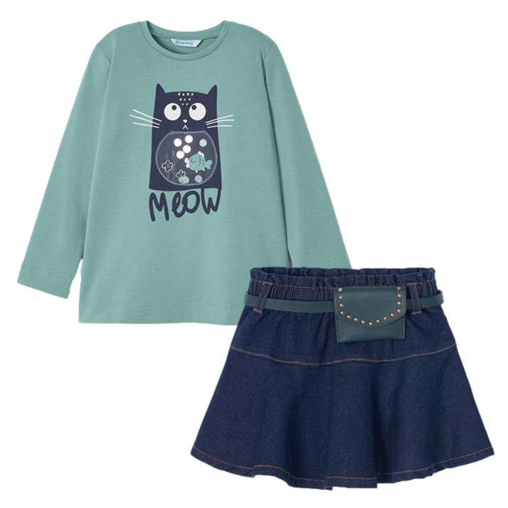 Conjunto playera con gráfica y falda de mezclilla para niña marca Mayoral