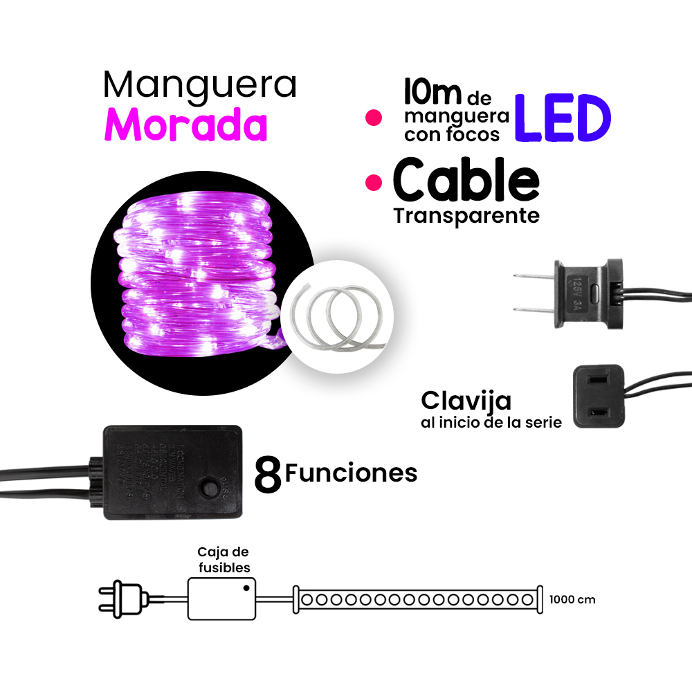 Manguera Decorativa Luz Led Morada Uso Exterior/Interior Cable Recubierto Gel 10 m