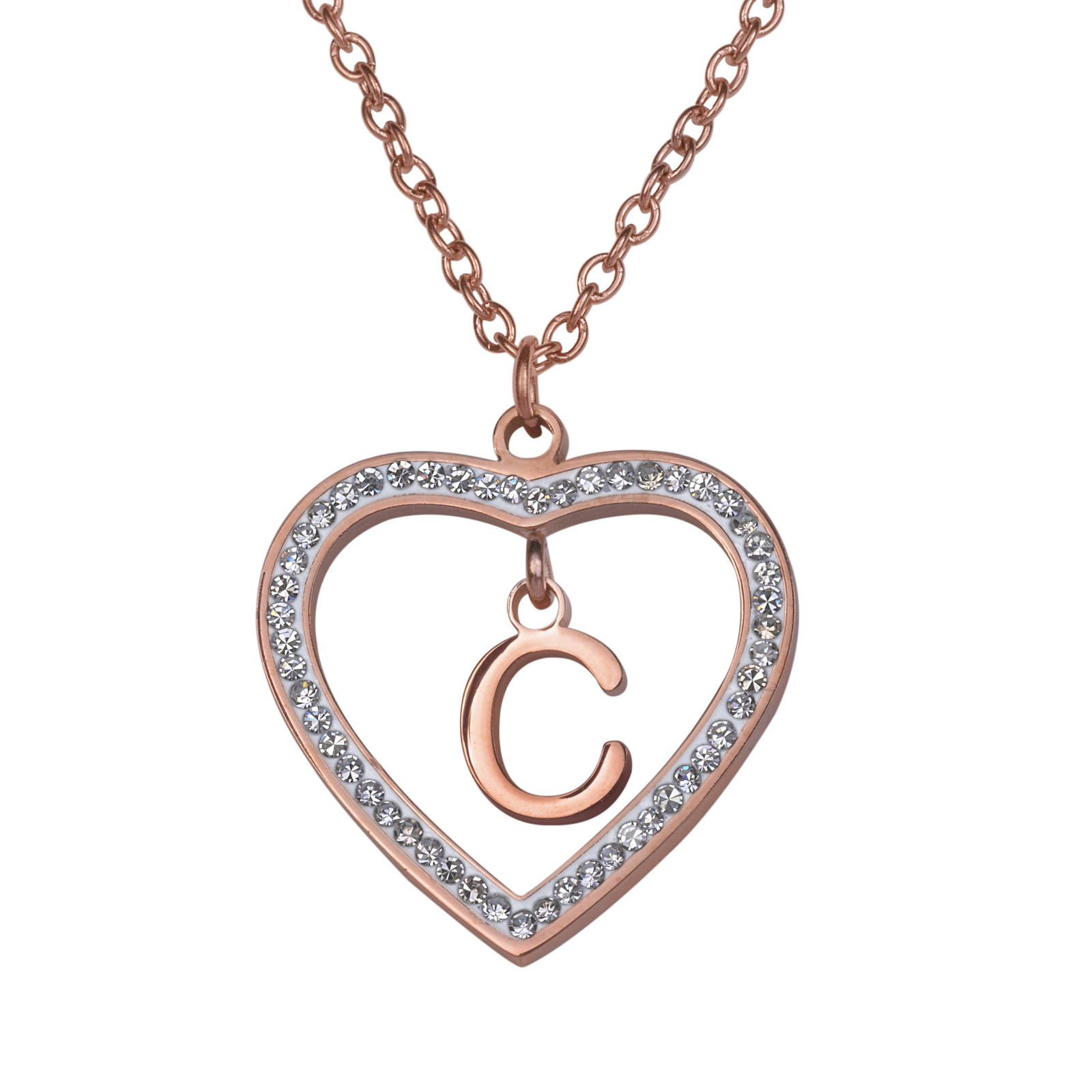 LuckyLy Collares de Mujer de Corazón con Iniciales , Acero Inoxidable con Baño de Oro Rosa 18k y Zirconia Cúbica, Cadena con Dije - Modelo Adina, Letra C