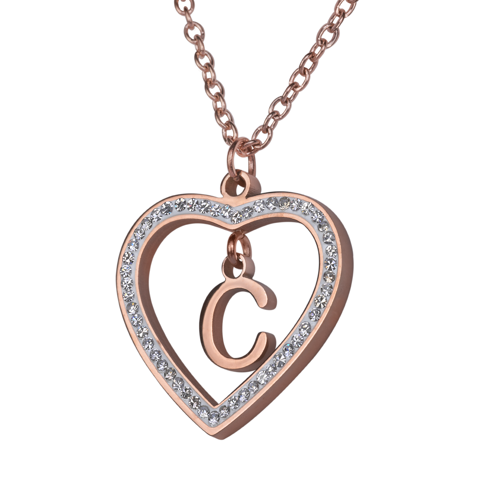 LuckyLy Collares de Mujer de Corazón con Iniciales , Acero Inoxidable con Baño de Oro Rosa 18k y Zirconia Cúbica, Cadena con Dije - Modelo Adina, Letra C