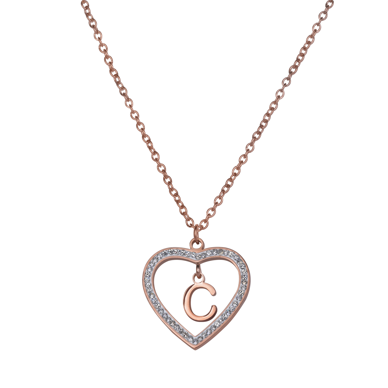 LuckyLy Collares de Mujer de Corazón con Iniciales , Acero Inoxidable con Baño de Oro Rosa 18k y Zirconia Cúbica, Cadena con Dije - Modelo Adina, Letra C