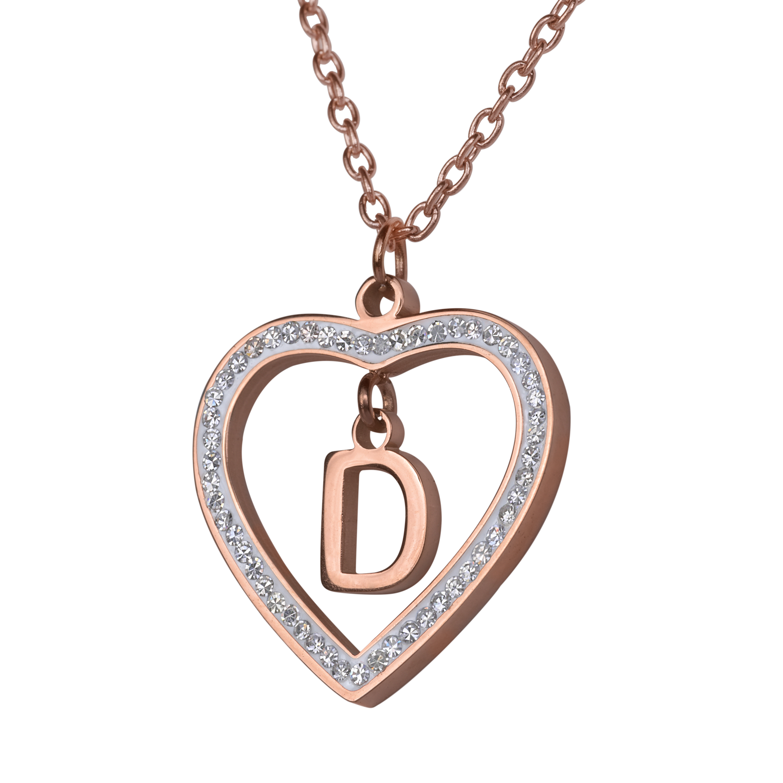 LuckyLy Collares de Mujer de Corazón con Iniciales , Acero Inoxidable con Baño de Oro Rosa 18k y Zirconia Cúbica, Cadena con Dije - Modelo Adina, Letra D