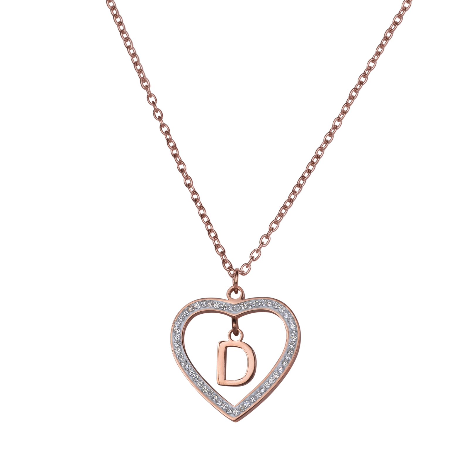 LuckyLy Collares de Mujer de Corazón con Iniciales , Acero Inoxidable con Baño de Oro Rosa 18k y Zirconia Cúbica, Cadena con Dije - Modelo Adina, Letra D