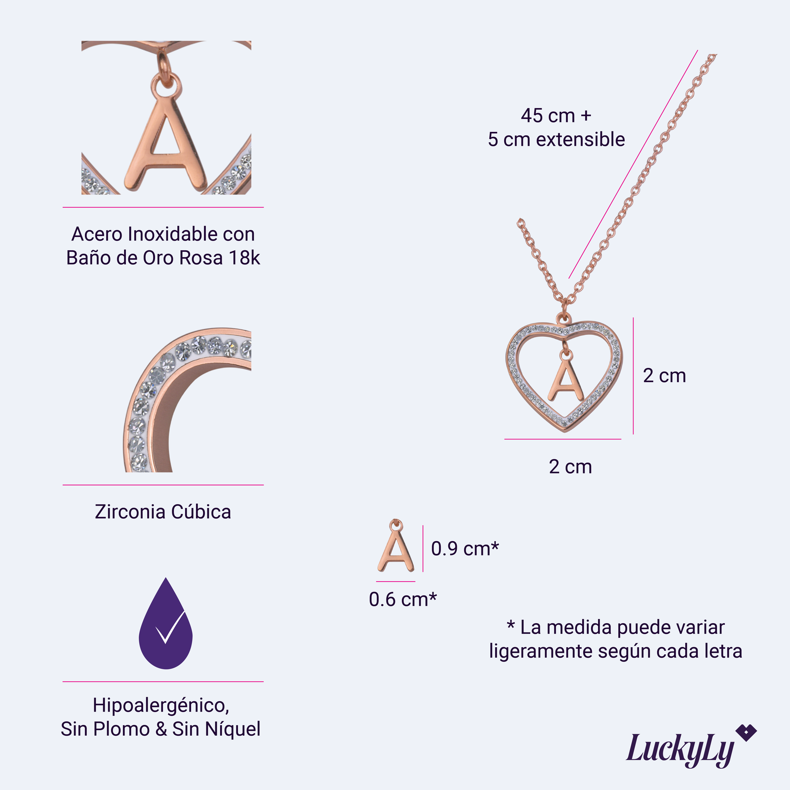 LuckyLy Collares de Mujer de Corazón con Iniciales , Acero Inoxidable con Baño de Oro Rosa 18k y Zirconia Cúbica, Cadena con Dije - Modelo Adina, Letra D