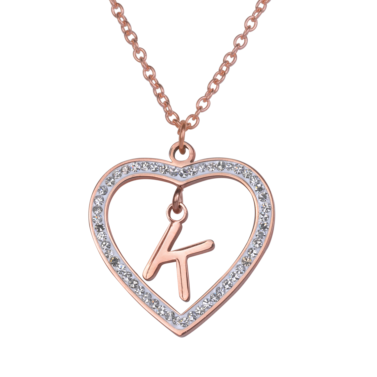 LuckyLy Collares de Mujer de Corazón con Iniciales , Acero Inoxidable con Baño de Oro Rosa 18k y Zirconia Cúbica, Cadena con Dije - Modelo Adina, Letra K