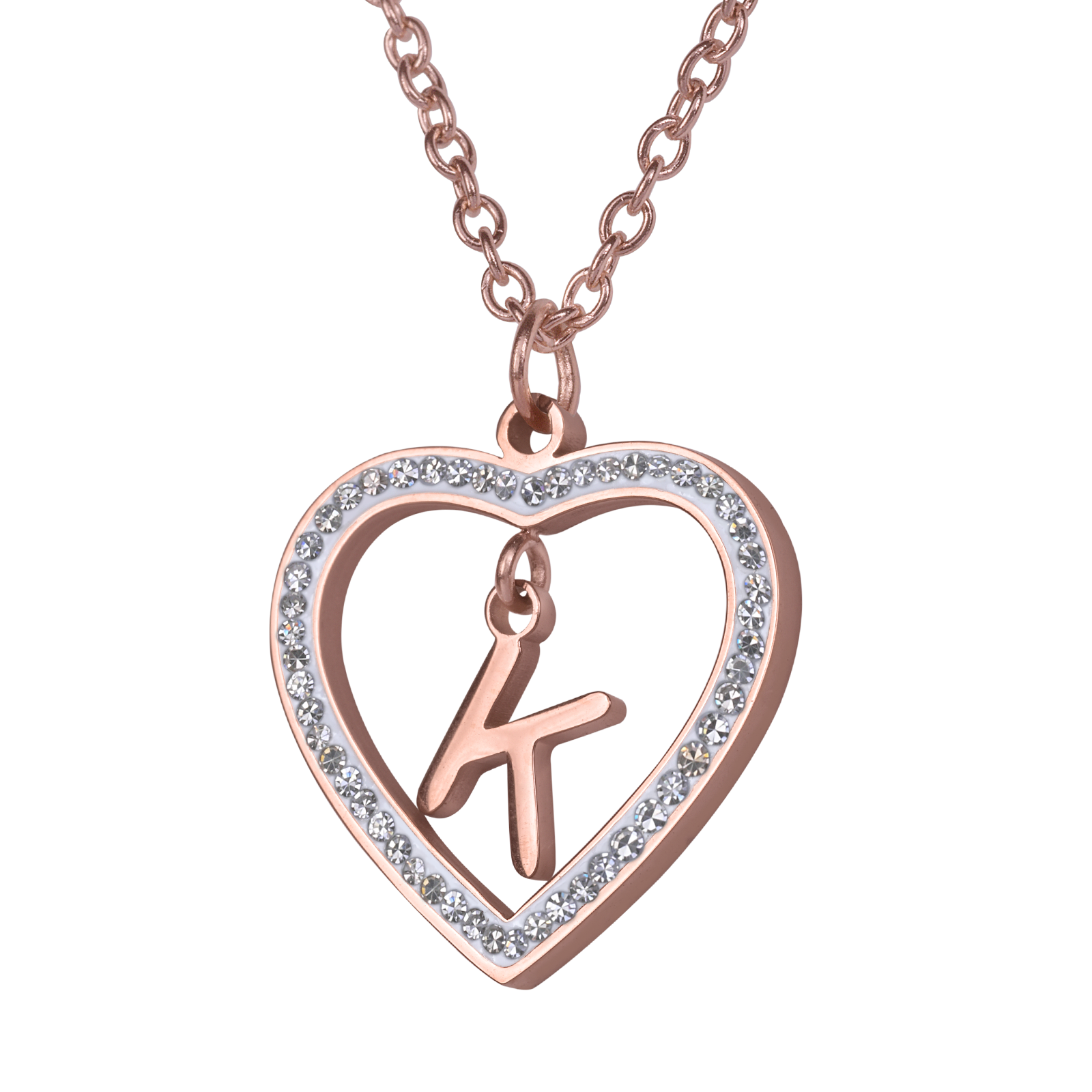 LuckyLy Collares de Mujer de Corazón con Iniciales , Acero Inoxidable con Baño de Oro Rosa 18k y Zirconia Cúbica, Cadena con Dije - Modelo Adina, Letra K