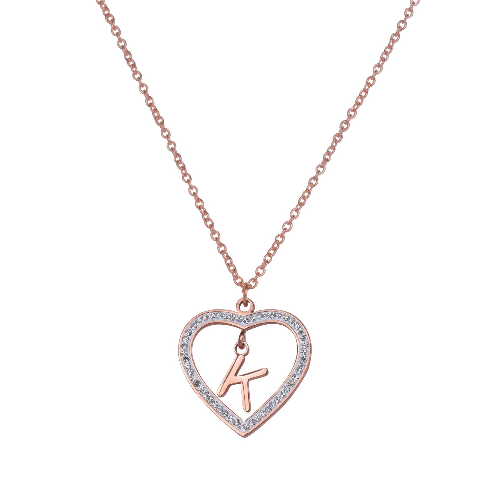 LuckyLy Collares de Mujer de Corazón con Iniciales , Acero Inoxidable con Baño de Oro Rosa 18k y Zirconia Cúbica, Cadena con Dije - Modelo Adina, Letra K