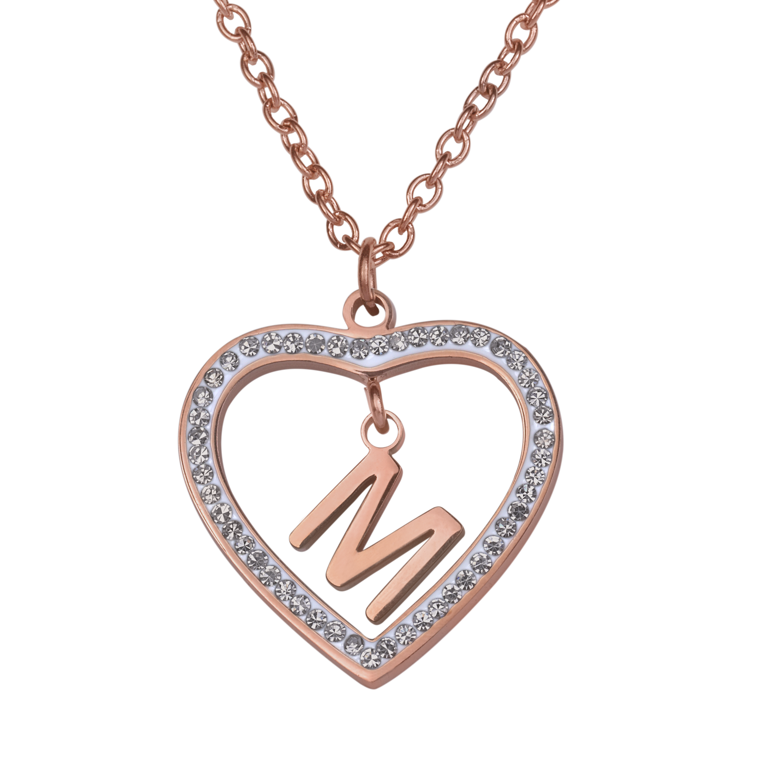 LuckyLy Collares de Mujer de Corazón con Iniciales , Acero Inoxidable con Baño de Oro Rosa 18k y Zirconia Cúbica, Cadena con Dije - Modelo Adina, Letra M