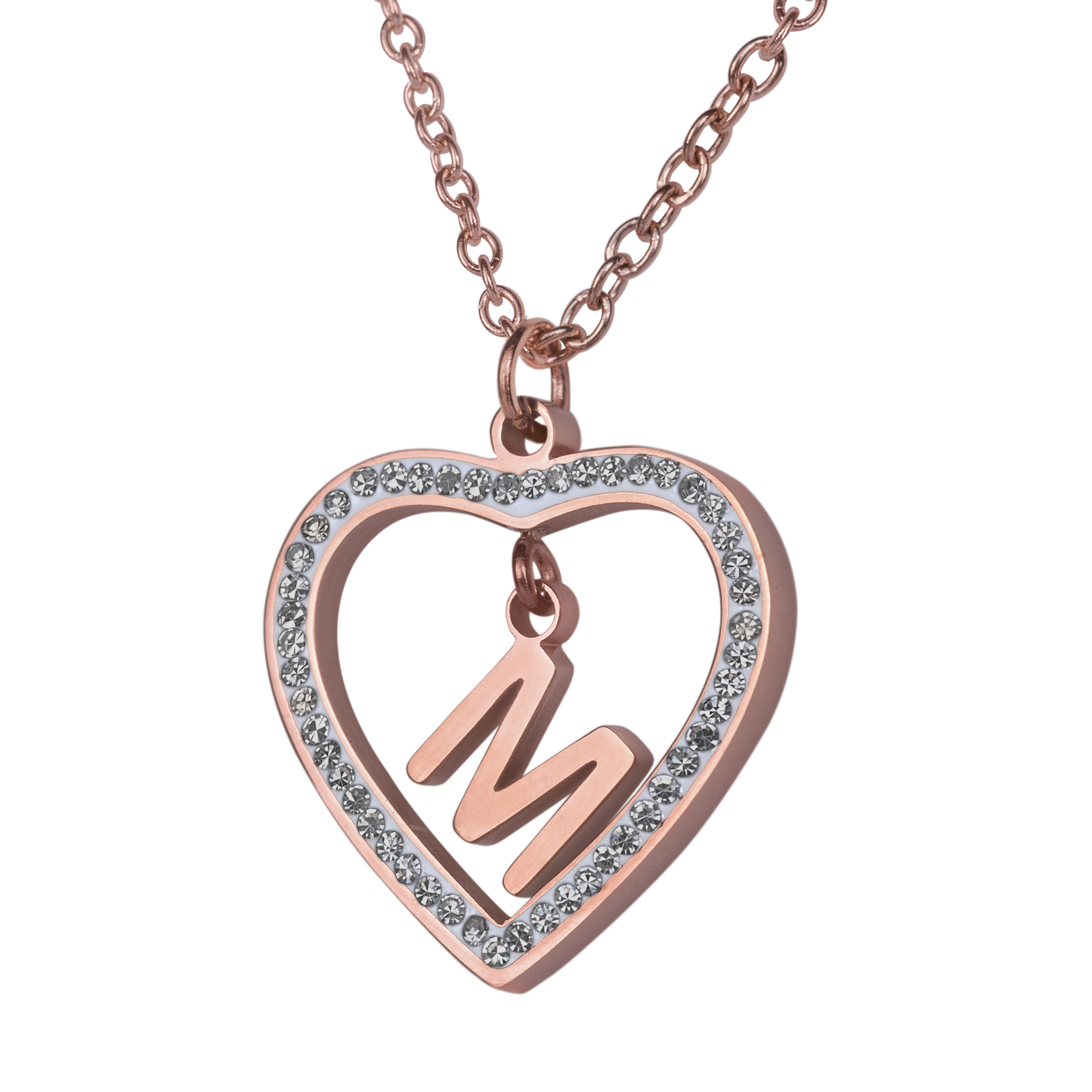 LuckyLy Collares de Mujer de Corazón con Iniciales , Acero Inoxidable con Baño de Oro Rosa 18k y Zirconia Cúbica, Cadena con Dije - Modelo Adina, Letra M