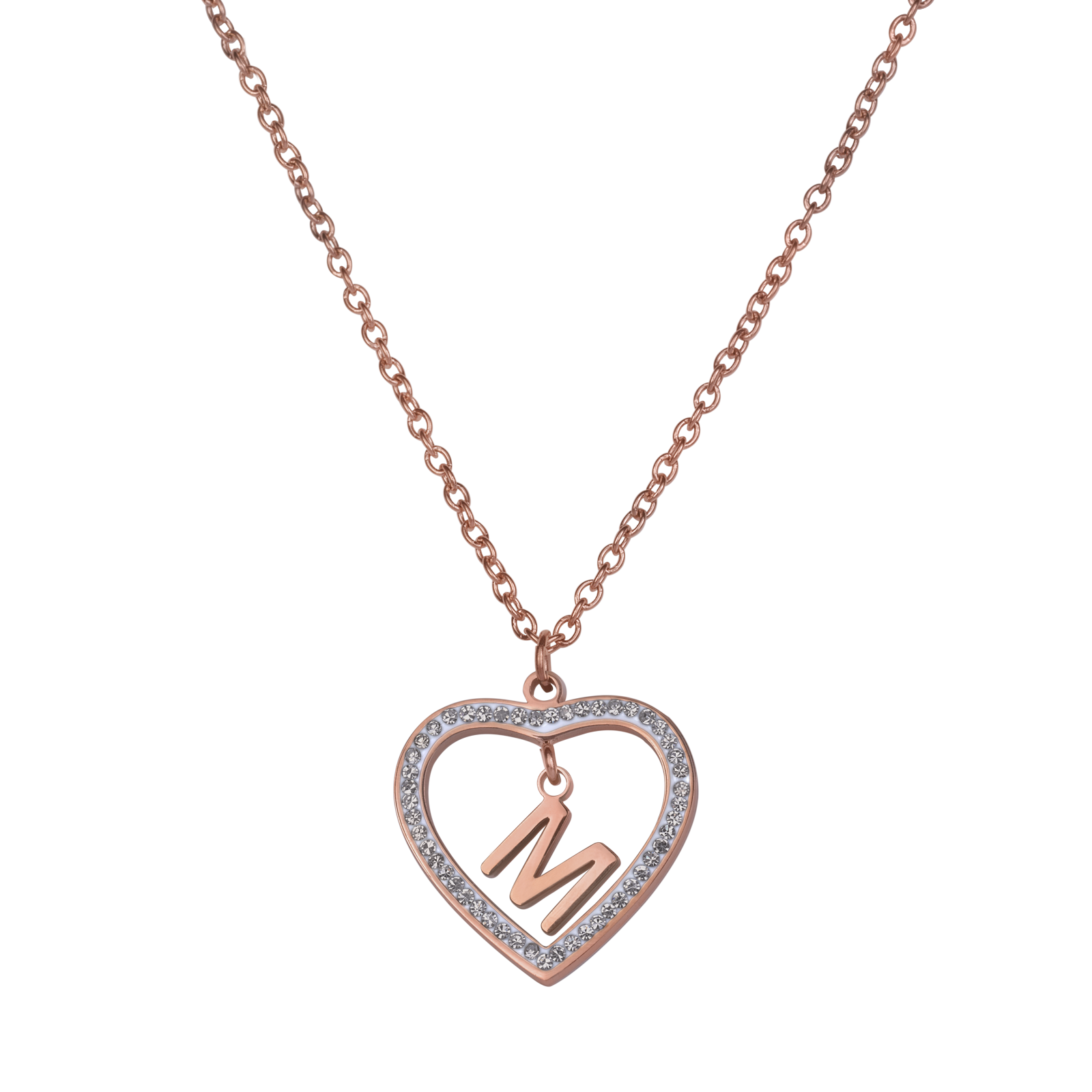 LuckyLy Collares de Mujer de Corazón con Iniciales , Acero Inoxidable con Baño de Oro Rosa 18k y Zirconia Cúbica, Cadena con Dije - Modelo Adina, Letra M
