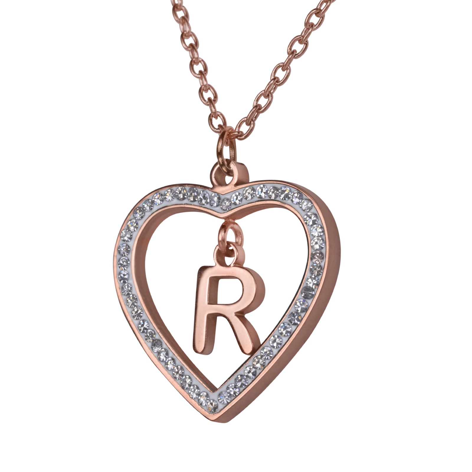 LuckyLy Collares de Mujer de Corazón con Iniciales , Acero Inoxidable con Baño de Oro Rosa 18k y Zirconia Cúbica, Cadena con Dije - Modelo Adina, Letra R