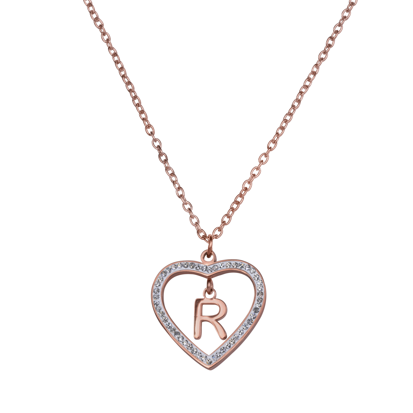 LuckyLy Collares de Mujer de Corazón con Iniciales , Acero Inoxidable con Baño de Oro Rosa 18k y Zirconia Cúbica, Cadena con Dije - Modelo Adina, Letra R