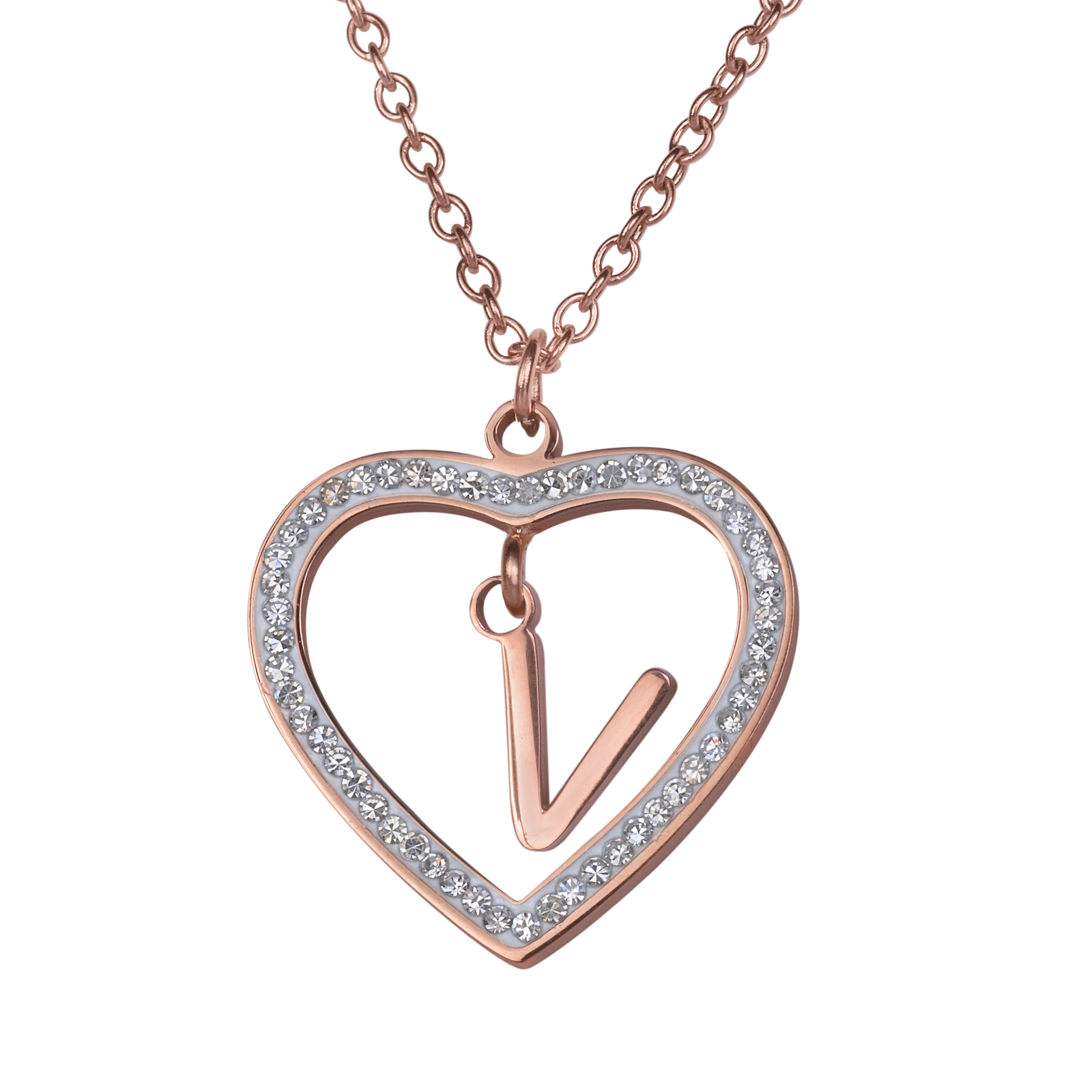 LuckyLy Collares de Mujer de Corazón con Iniciales , Acero Inoxidable con Baño de Oro Rosa 18k y Zirconia Cúbica, Cadena con Dije - Modelo Adina, Letra V
