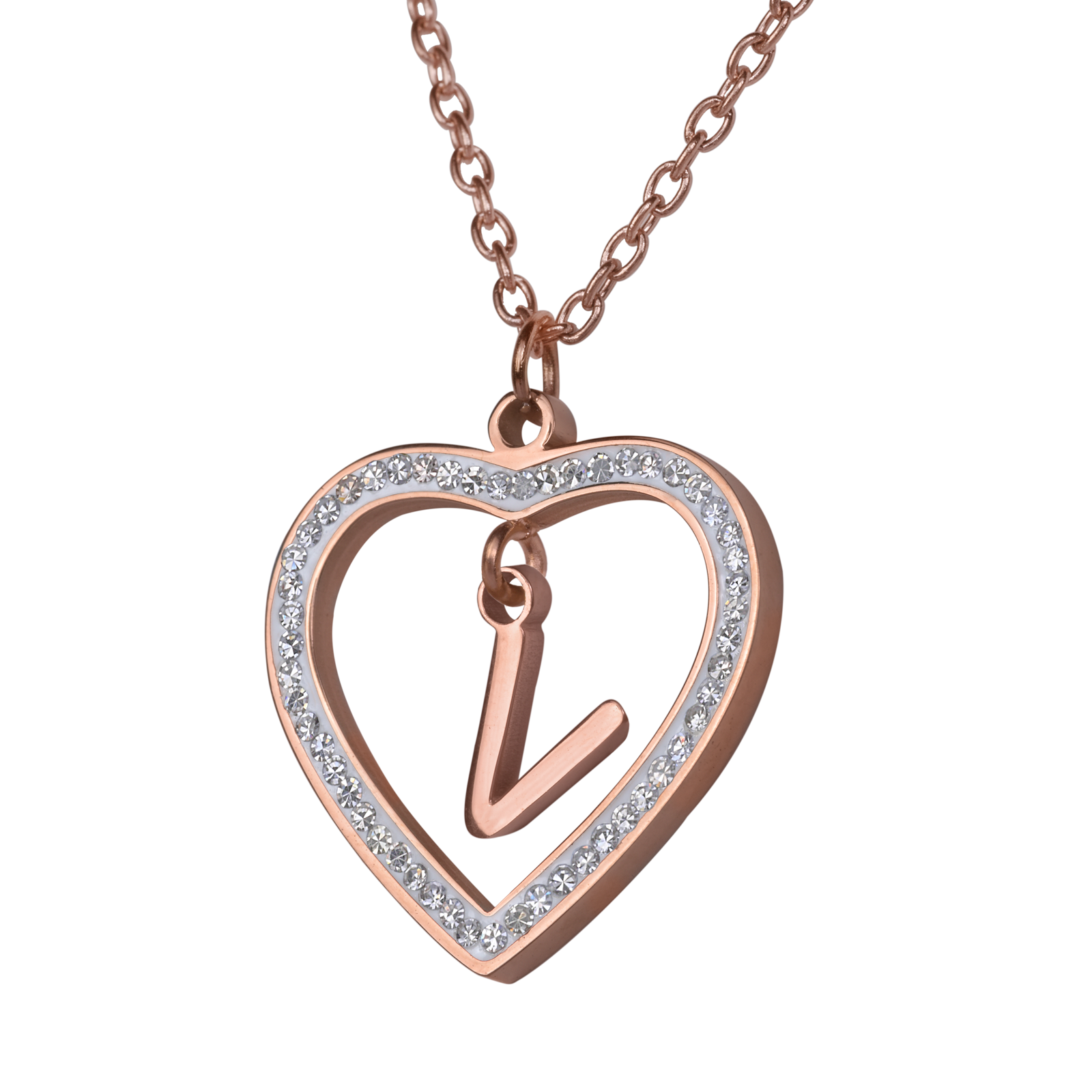 LuckyLy Collares de Mujer de Corazón con Iniciales , Acero Inoxidable con Baño de Oro Rosa 18k y Zirconia Cúbica, Cadena con Dije - Modelo Adina, Letra V