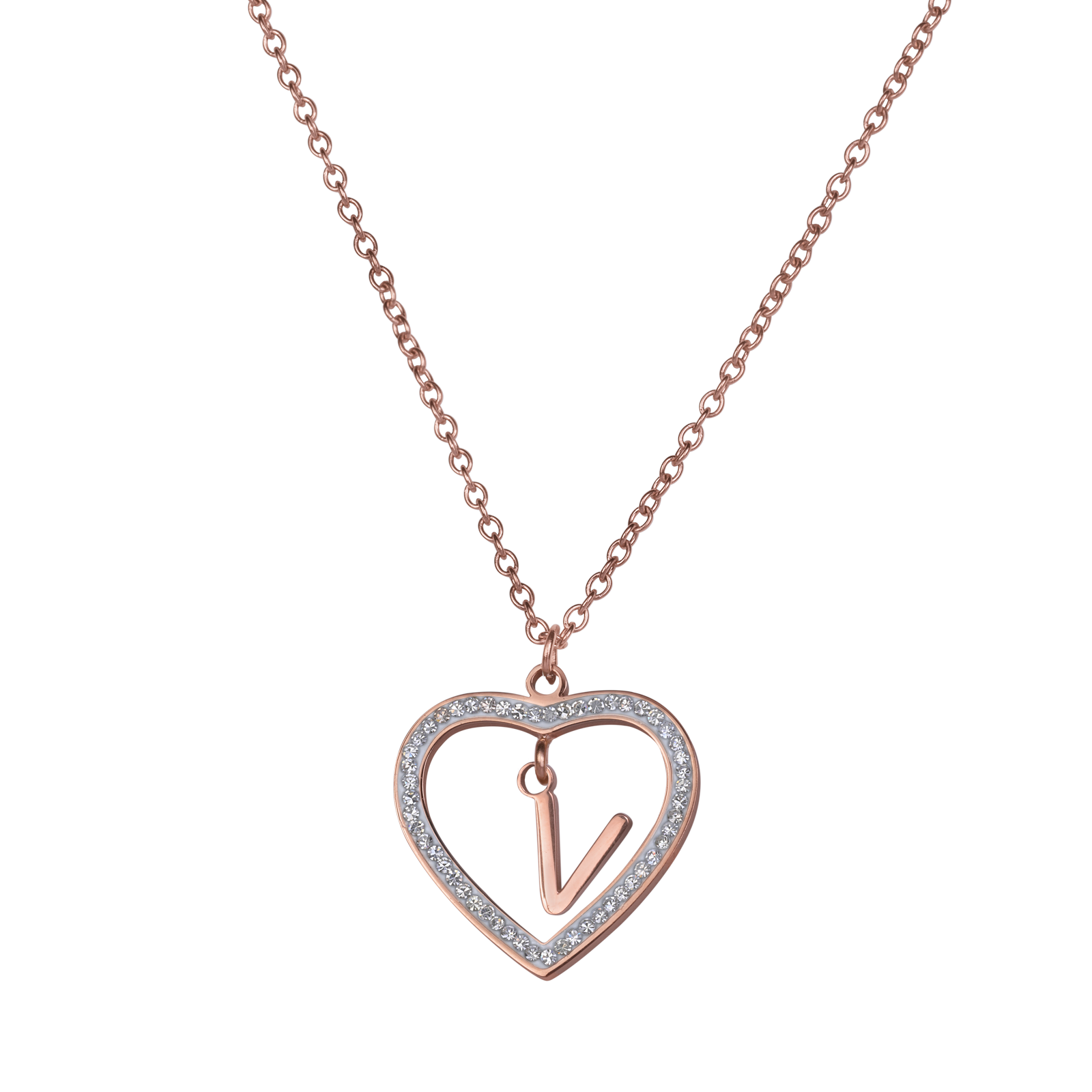 LuckyLy Collares de Mujer de Corazón con Iniciales , Acero Inoxidable con Baño de Oro Rosa 18k y Zirconia Cúbica, Cadena con Dije - Modelo Adina, Letra V