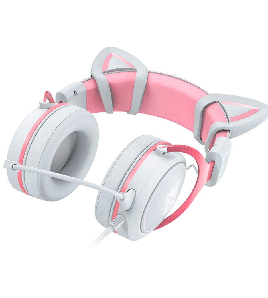 Audífonos gamer con audífonos con orejas de gato blanco con rosa