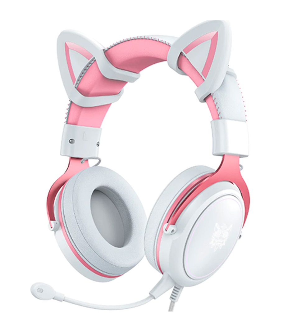 Audífonos gamer con audífonos con orejas de gato blanco con rosa