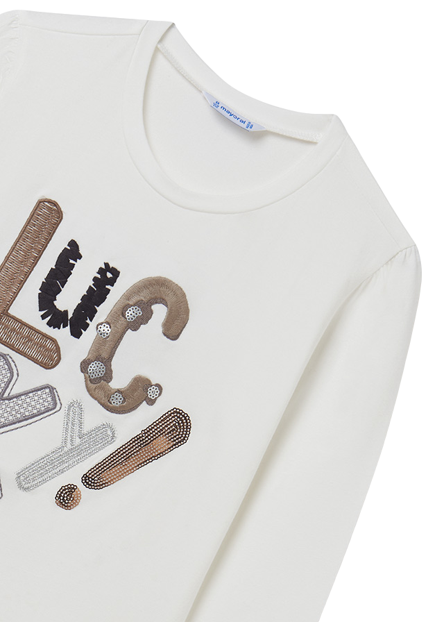 Conjunto playera manga larga con apliques y falda de tricot para niña marca Mayoral