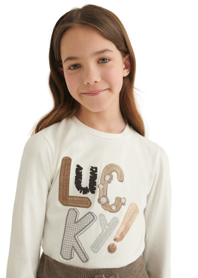 Conjunto playera manga larga con apliques y falda de tricot para niña marca Mayoral