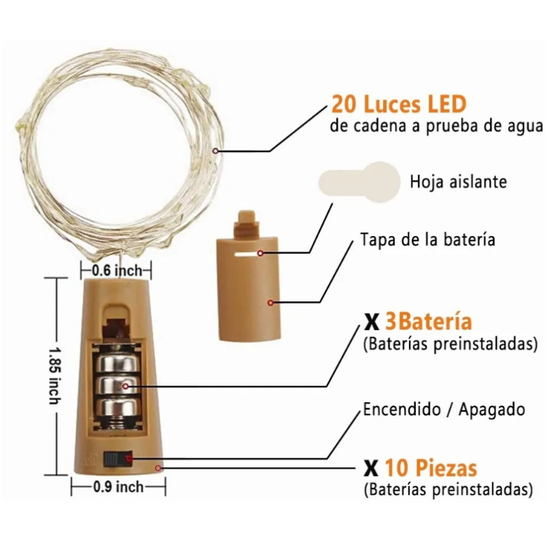Luces Led Para Botellas De Vino 2m 20 Led A Pilas, 10 Uds