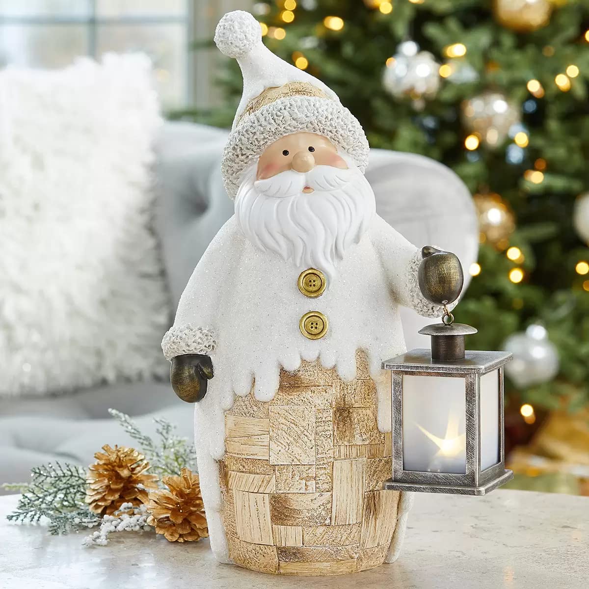 Santa Claus/Papá Noel con Linterna - Figura Decorativa para Navidad con luz LED Brillante para Interiores, Resina, 38.3 cm (1 Pieza)