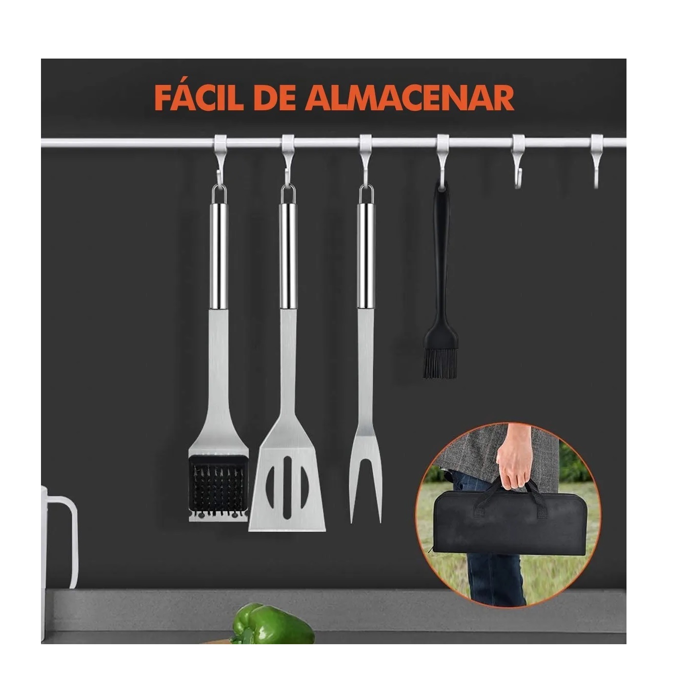 Juego De Utensilios De Acero Inox Para La Parrilla Estuche