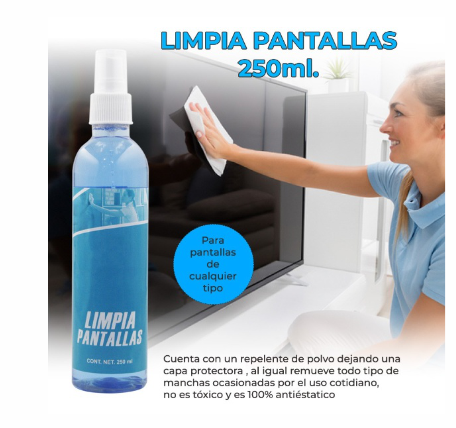 Limpiador Universal De Pantallas 250ml smart tv pc laptop led lcd,plasma, cristal