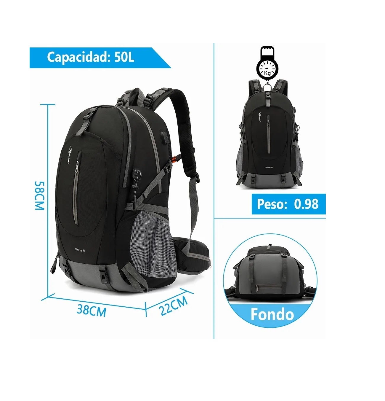 Mochila Impermeable 50l Para Senderismo Montañismo Negra