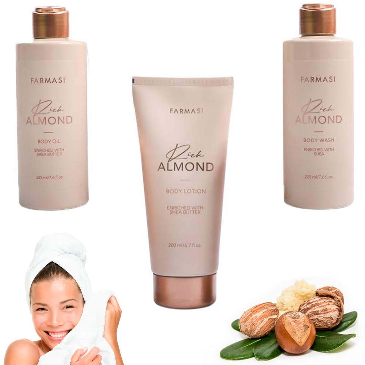 Set Cuidado Corporal Rich Almond Farmasi Gel De Baño Mas Aceite Y Locion Corporal