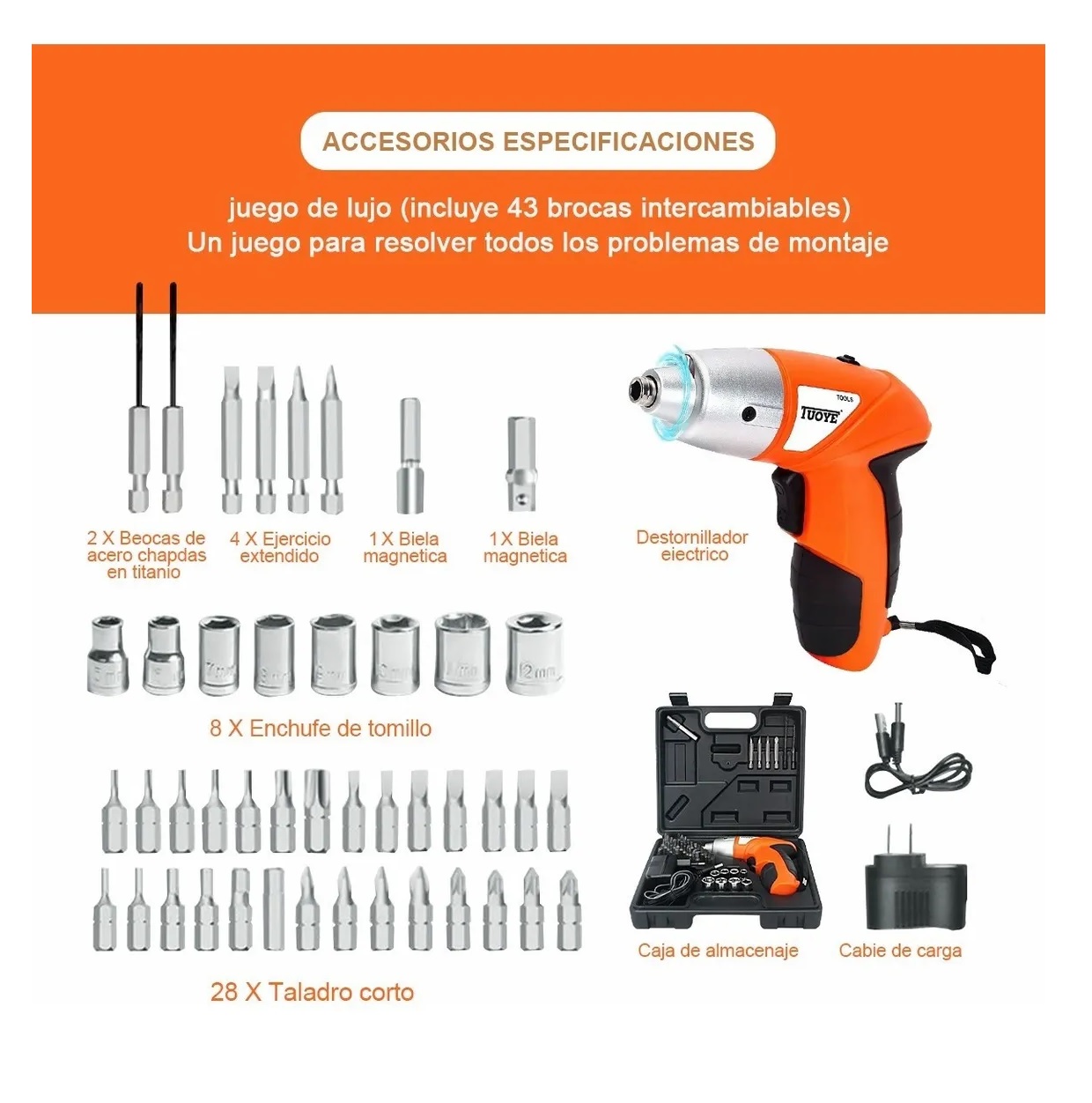 Juego De Destornillador Eléctrico Inalámbrico Naranja Estuche