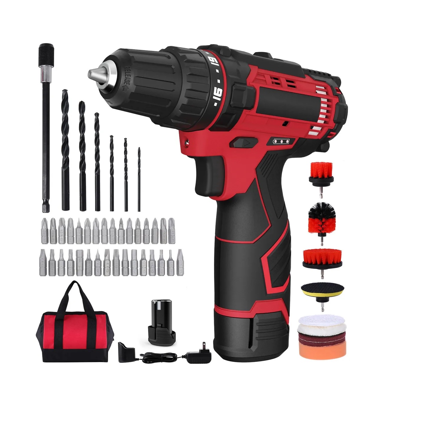 Juego De Taladro Inalámbrico 12v Con Batería Y Cargador Rojo 