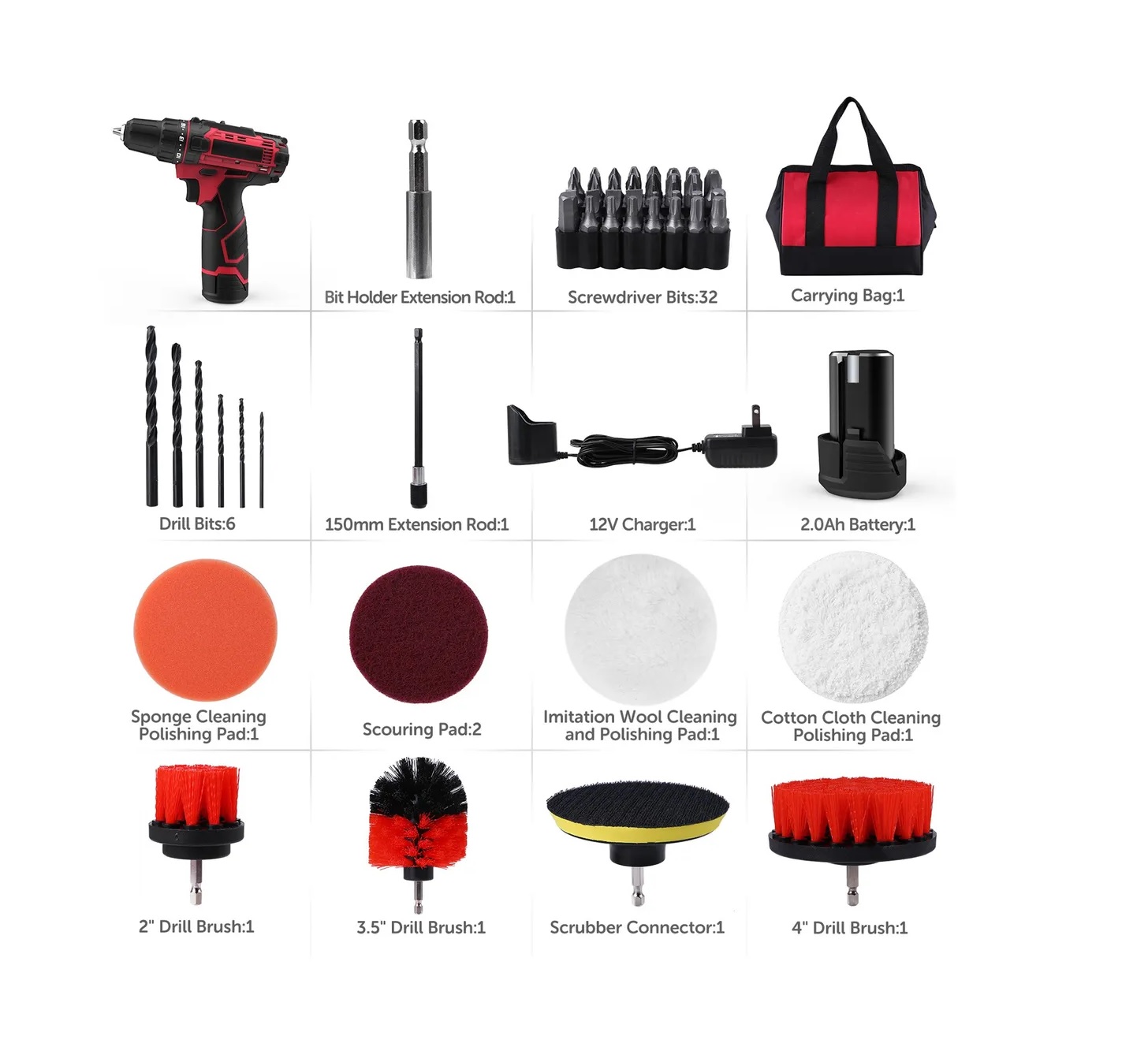 Juego De Taladro Inalámbrico 12v Con Batería Y Cargador Rojo 