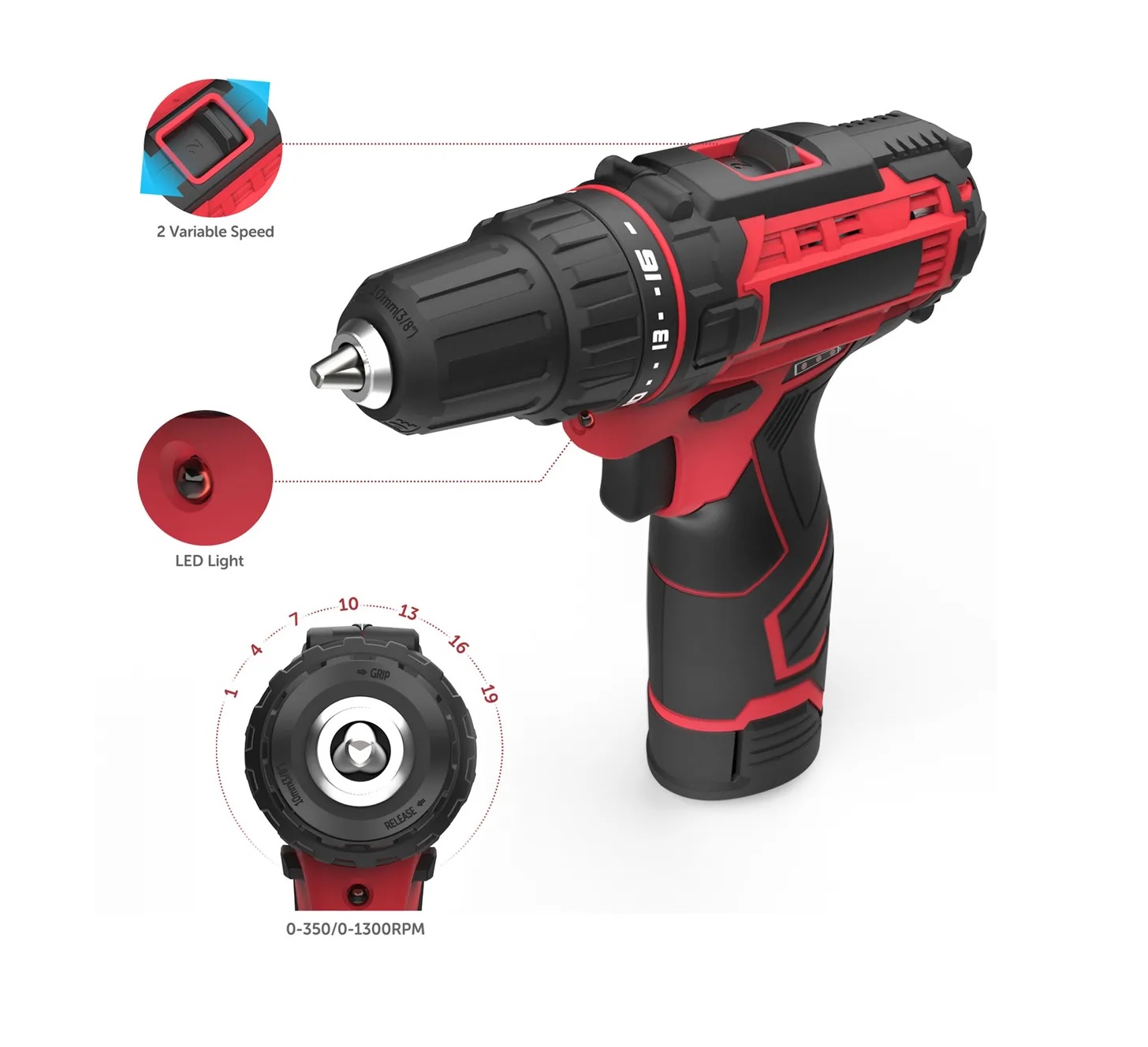 Juego De Taladro Inalámbrico 12v Con Batería Y Cargador Rojo 