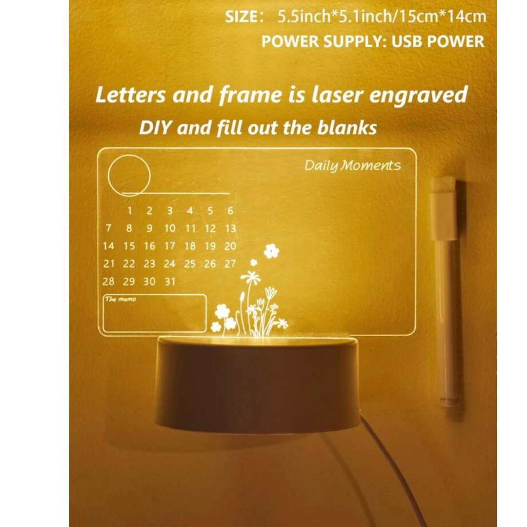 Tablero de notas acrilico luminoso transparente Led incluye boligrafo, mensaje Borrable