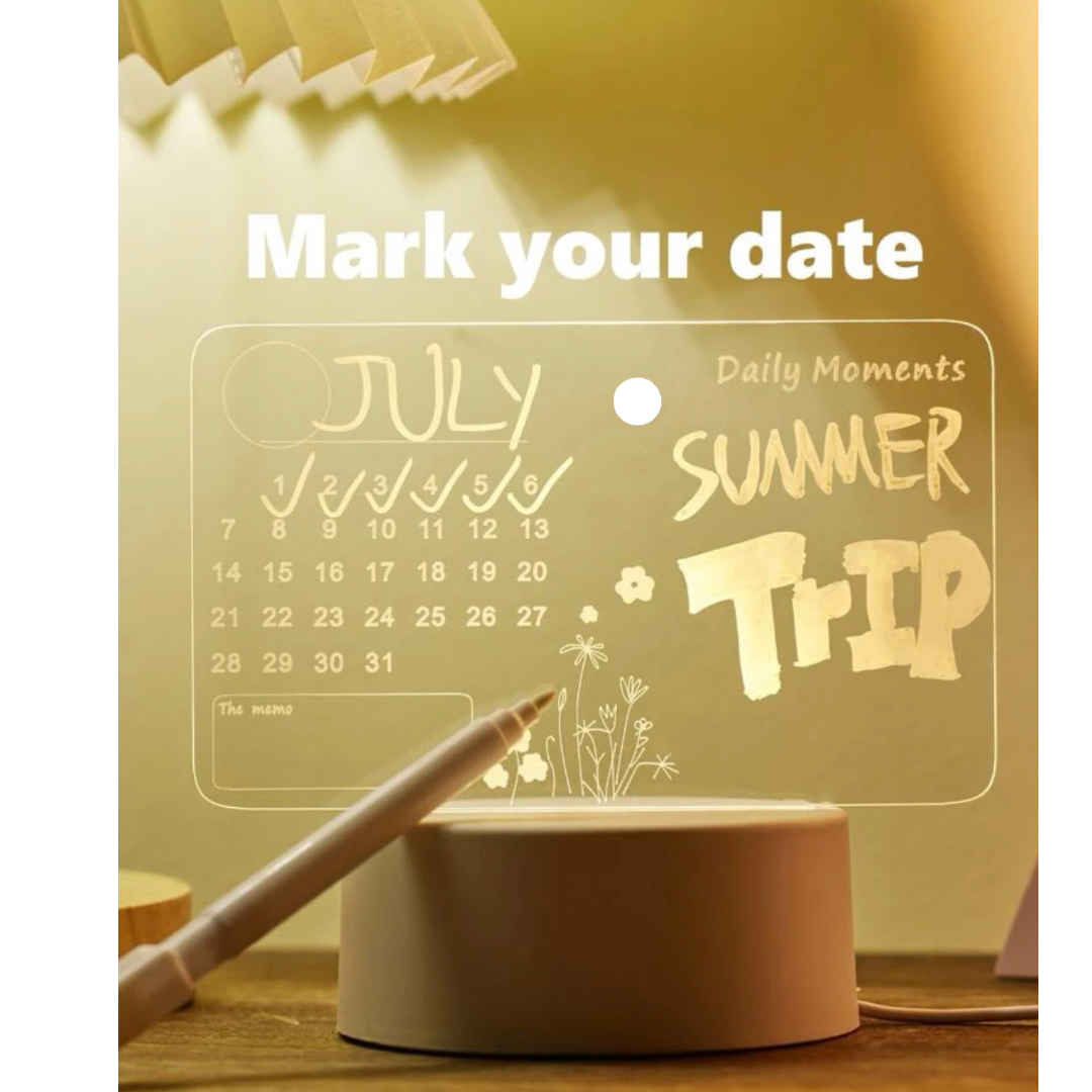 Tablero de notas acrilico luminoso transparente Led incluye boligrafo, mensaje Borrable