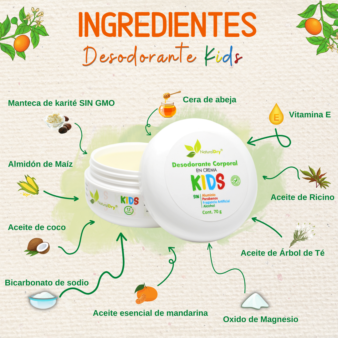 NaturalDry - 3 Desodorantes corporal en crema para niño con 3 aplicadores de madera - Sin aluminio - Neutraliza el mal olor