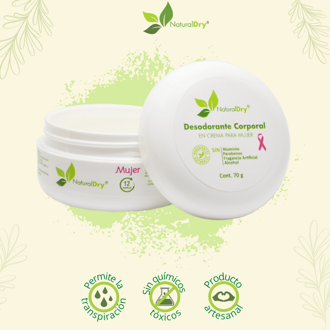 NaturalDry - 3 Desodorantes corporal en crema para mujer con 3 aplicadores de madera - Sin aluminio - Neutraliza el mal olor