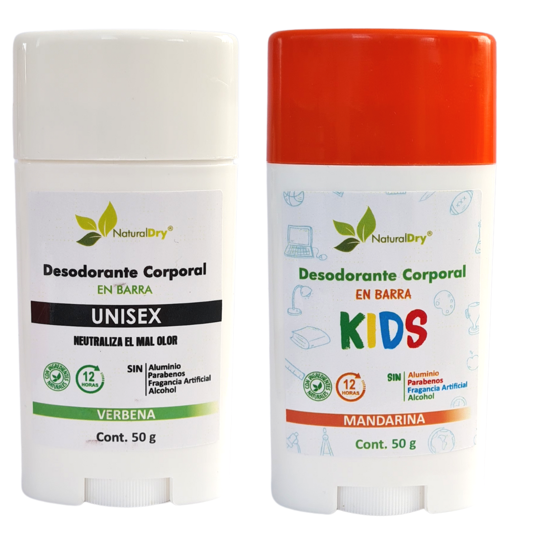 NaturalDry - 2 Desodorantes corporal en barra: 1 Unisex + 1 Kids  - Sin aluminio - Neutraliza el mal olor