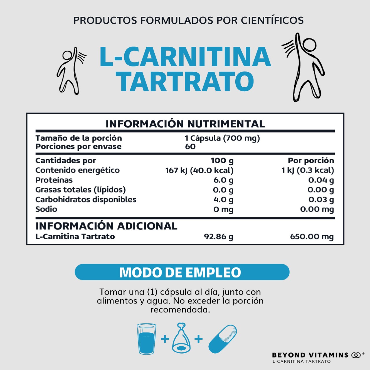 Suplemento Alimenticio Beyond Vitamins L-Carnitina Tartrato 100% puro de 650mg 60 cápsulas