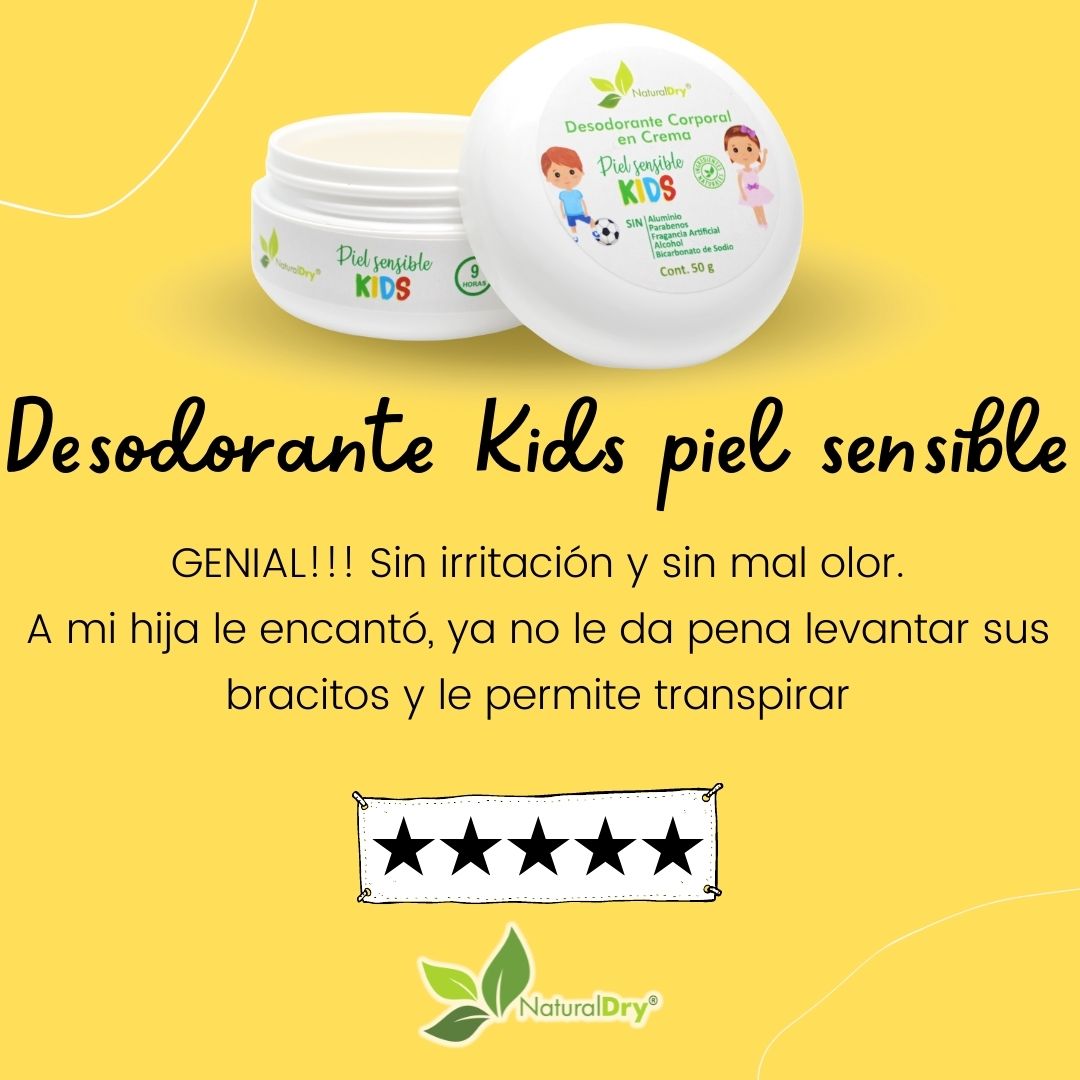 NaturalDry - 1 Desodorante corporal en crema piel sensible KIDs - Sin aluminio - Neutraliza el mal olor