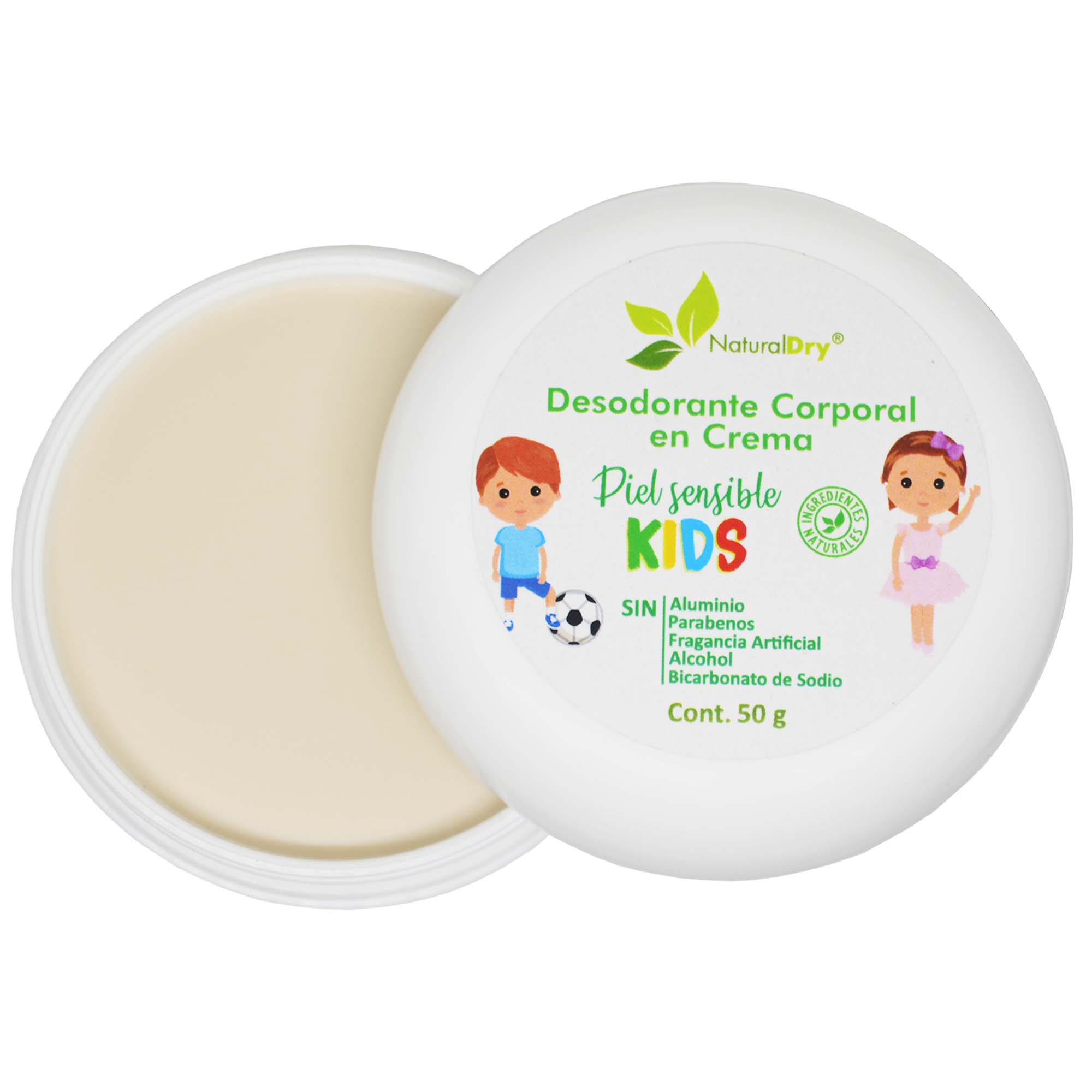 NaturalDry - 1 Desodorante corporal en crema piel sensible KIDs - Sin aluminio - Neutraliza el mal olor