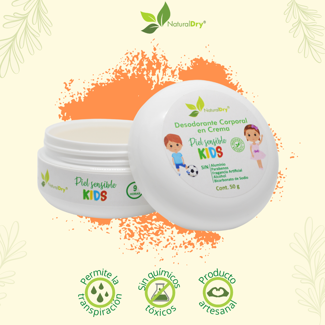 NaturalDry - 1 Desodorante corporal en crema piel sensible KIDs - Sin aluminio - Neutraliza el mal olor