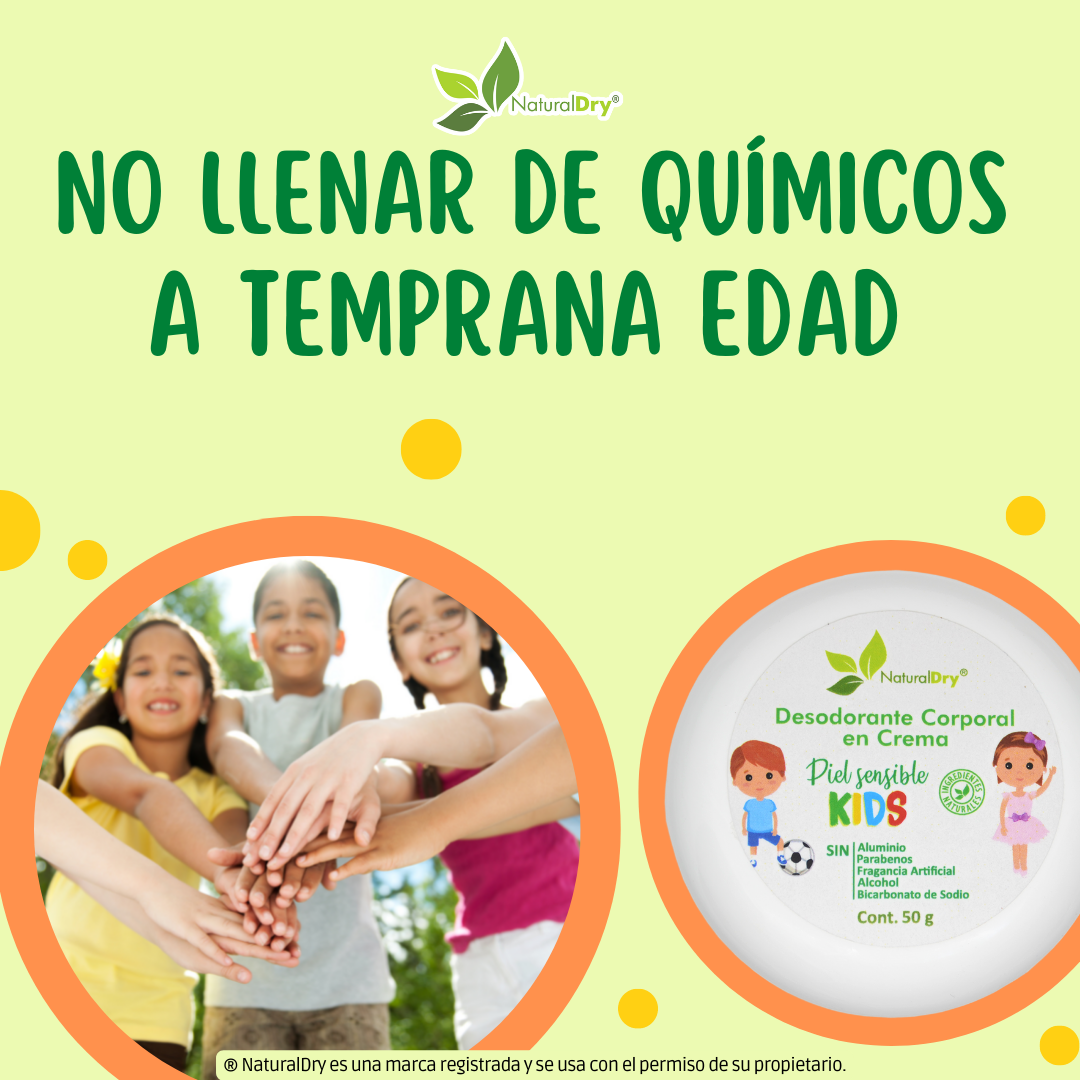 NaturalDry - 1 Desodorante corporal en crema piel sensible KIDs - Sin aluminio - Neutraliza el mal olor