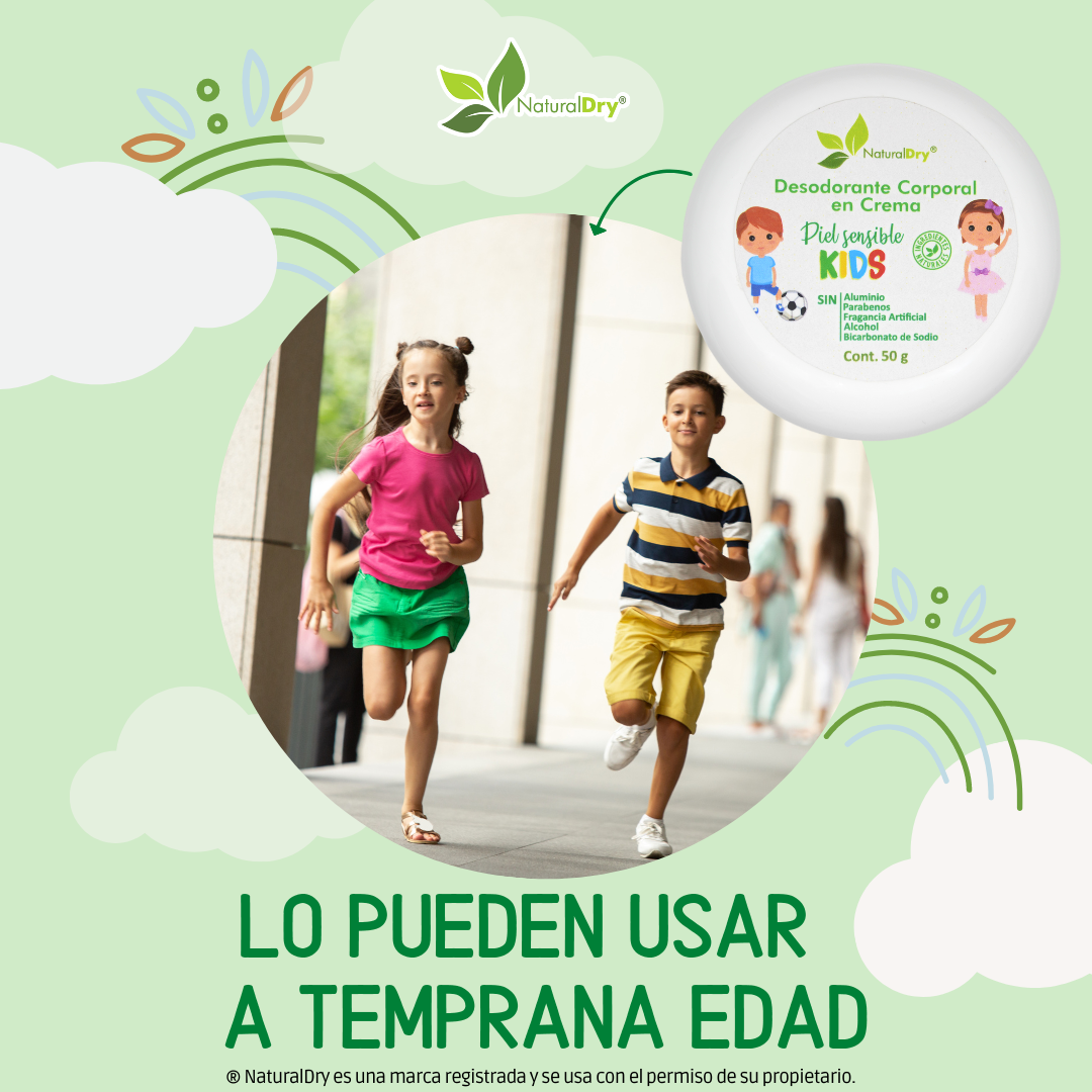 NaturalDry - 1 Desodorante corporal en crema piel sensible KIDs - Sin aluminio - Neutraliza el mal olor