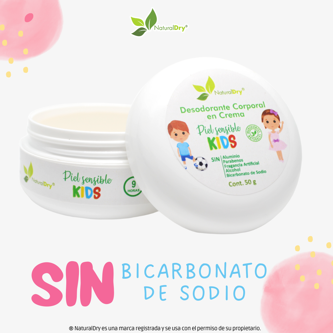 NaturalDry - 1 Desodorante corporal en crema piel sensible KIDs - Sin aluminio - Neutraliza el mal olor