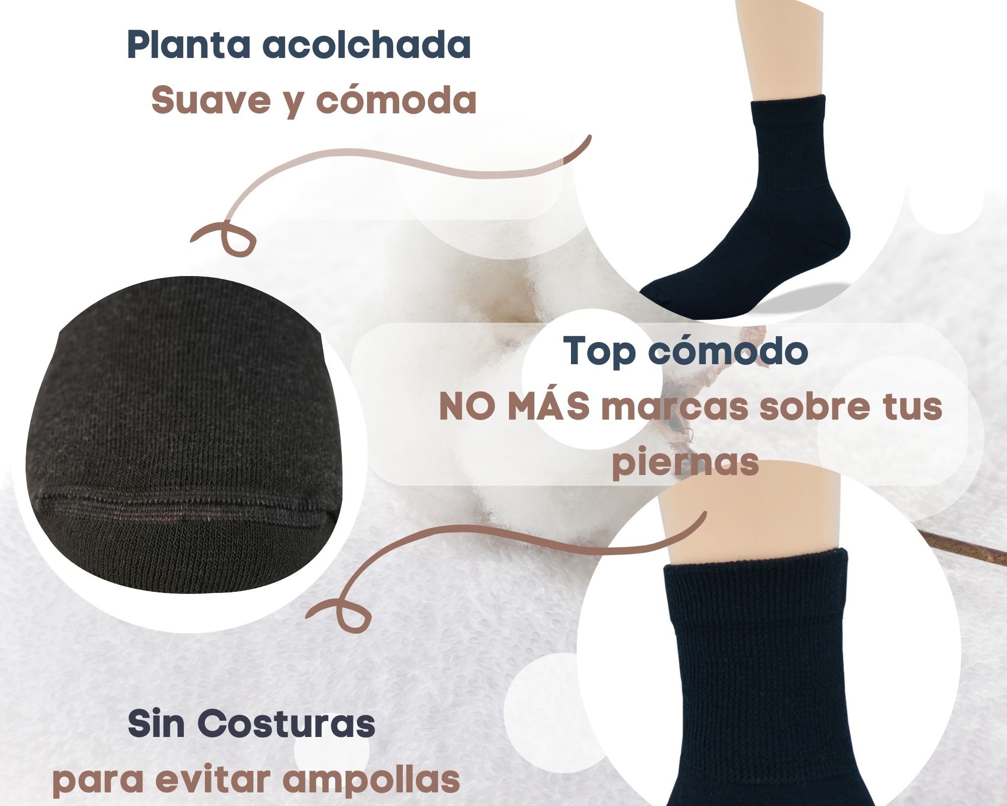 Specialized Socks Calcetines hombre/mujer aptos para diabéticos - Calidad Premium, suaves y extremadamente cómodos. Modelo ACOLCHONADO, Planta afelpada, Negro corto
