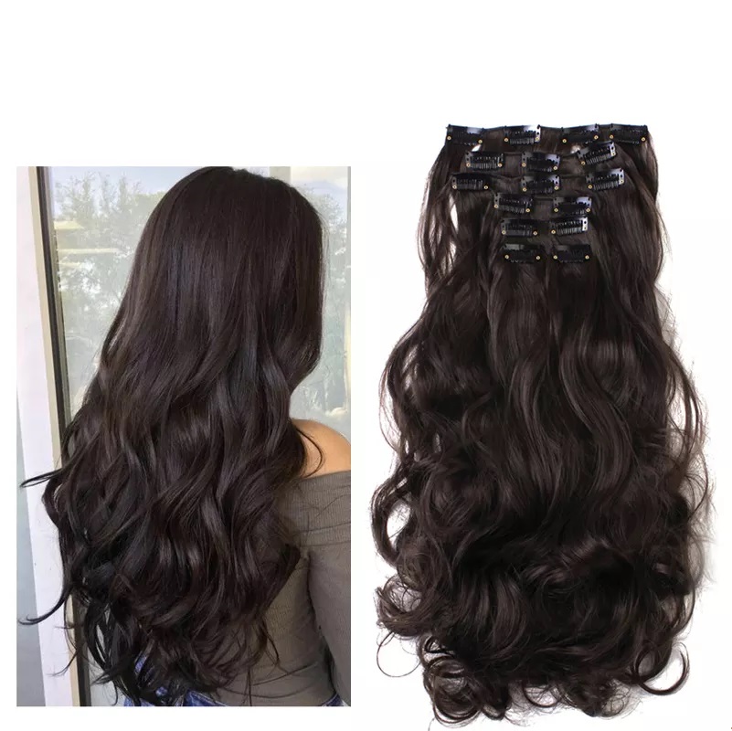 Extensiones De Cabello Sintético Set de 7 piezas con clips ONDULADA 7-6 CASTAÑO OBSCURO MEDIO