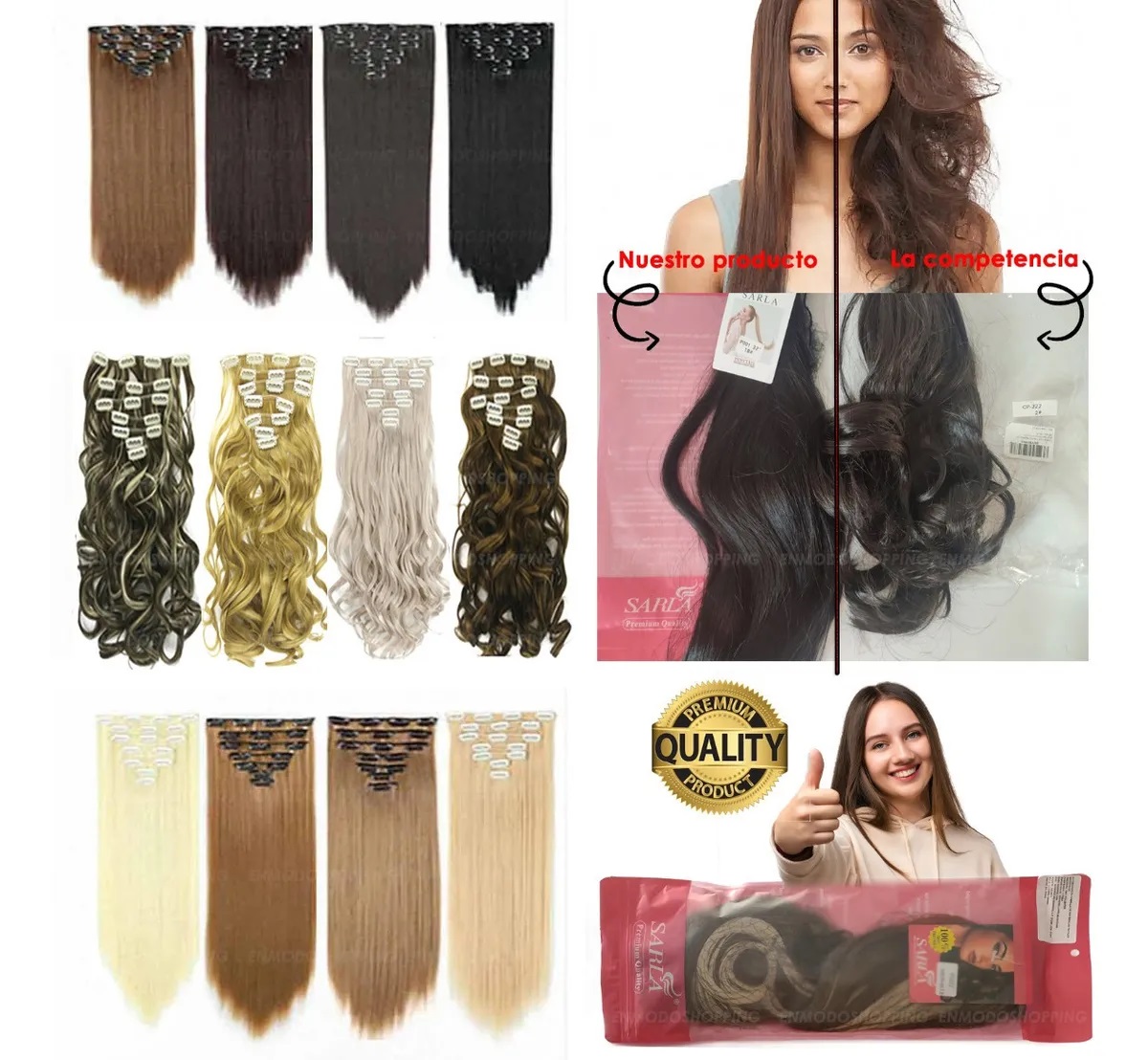 Extensiones De Cabello Sintético Set de 7 piezas con clips ONDULADA 7-6 CASTAÑO OBSCURO MEDIO