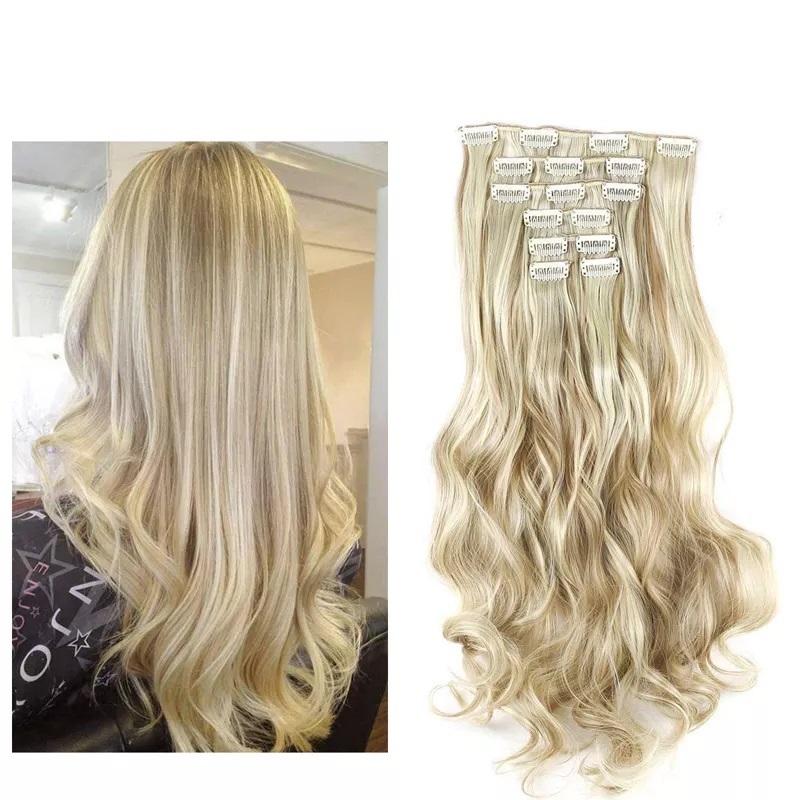 Extensiones De Cabello Sintético Set de 7 piezas con clips ONDULADA 7-16H613 RUBIO CLARO CENIZO RAYOS BEIGE